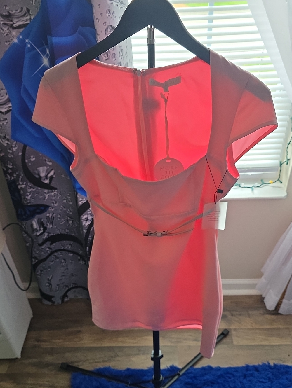 Cap Sleeve Scoop Neck Blouse in Coral Pink with Waist Buckle